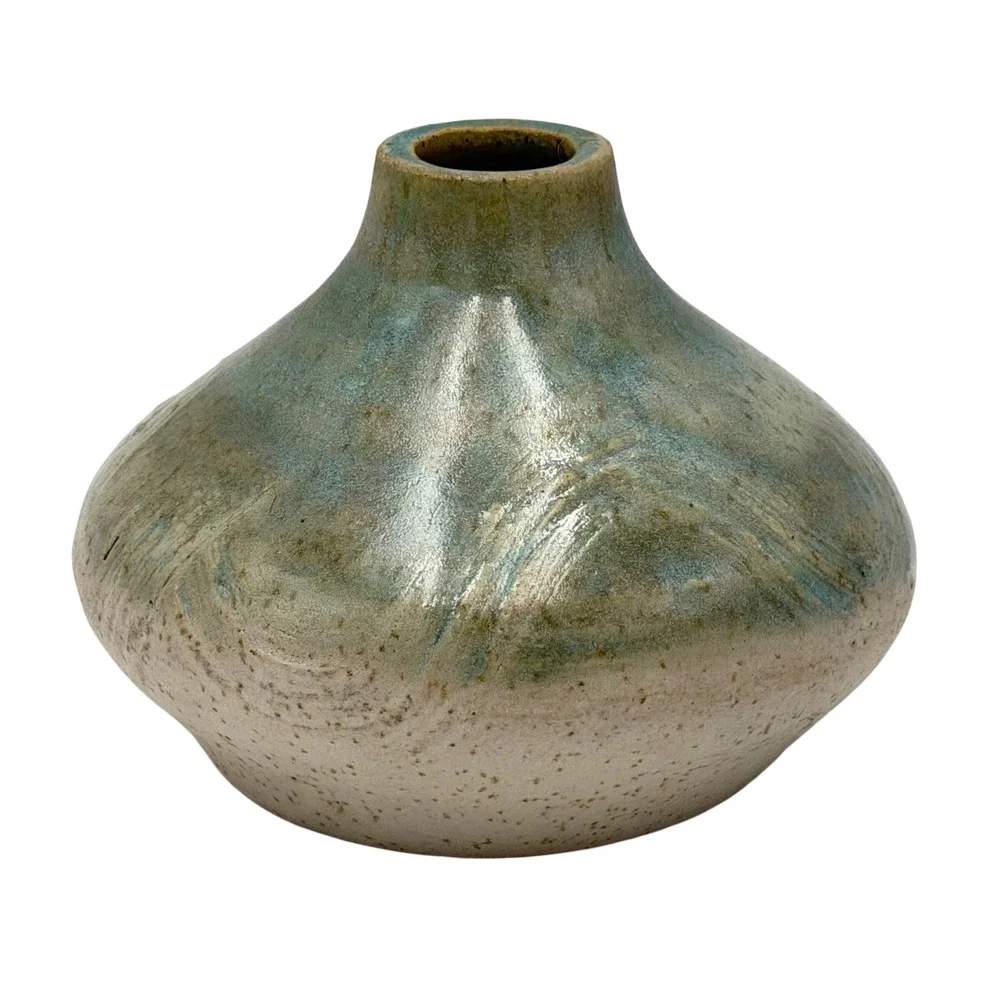 Studio Pottery Bud Vase‎ Teal Green Speckled Cream Signed Heart Artisan Ceramic